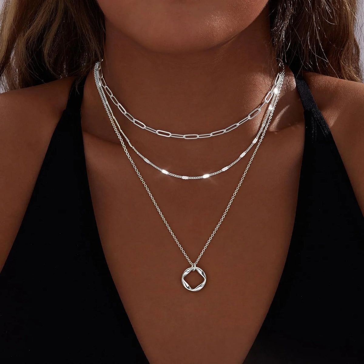 Colares de ouro em camadas para mulheres empilháveis14k ouro prata banhado círculo clipe de papel corrente pingente gargantilha colar conjunto para mulher