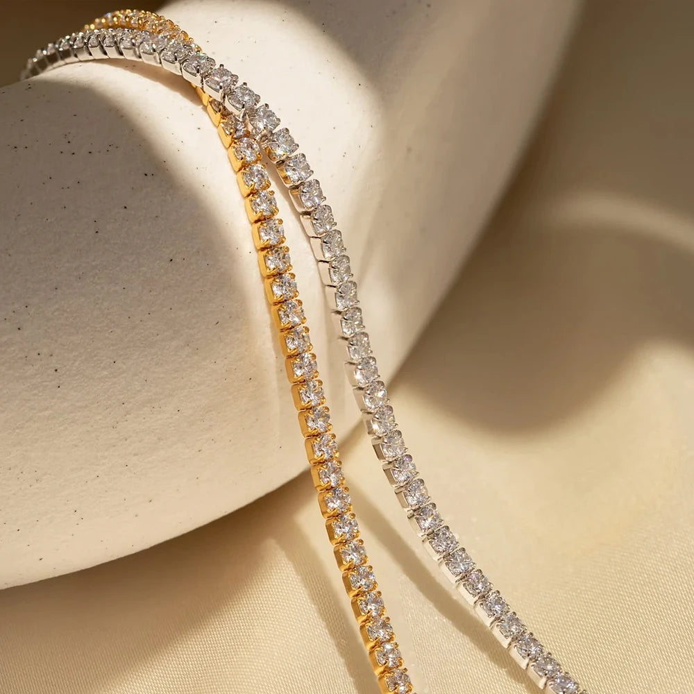 Manco pulseira brilhante banhada a ouro de aço inoxidável, zircônia branca de alta qualidade, fileira única, acessório simples para meninas