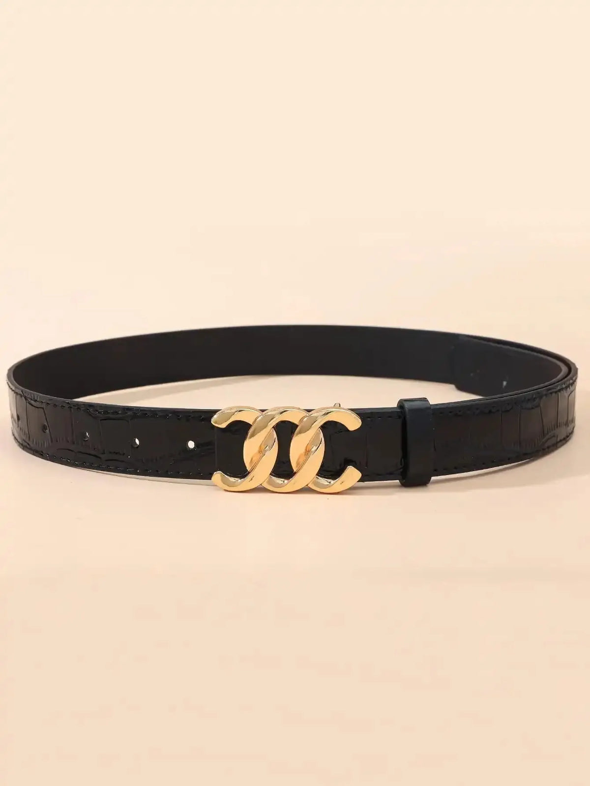 Correia de couro preto para mulheres, cinto casual, fivela de pino anel triplo, padrão lichia, designer, alta qualidade