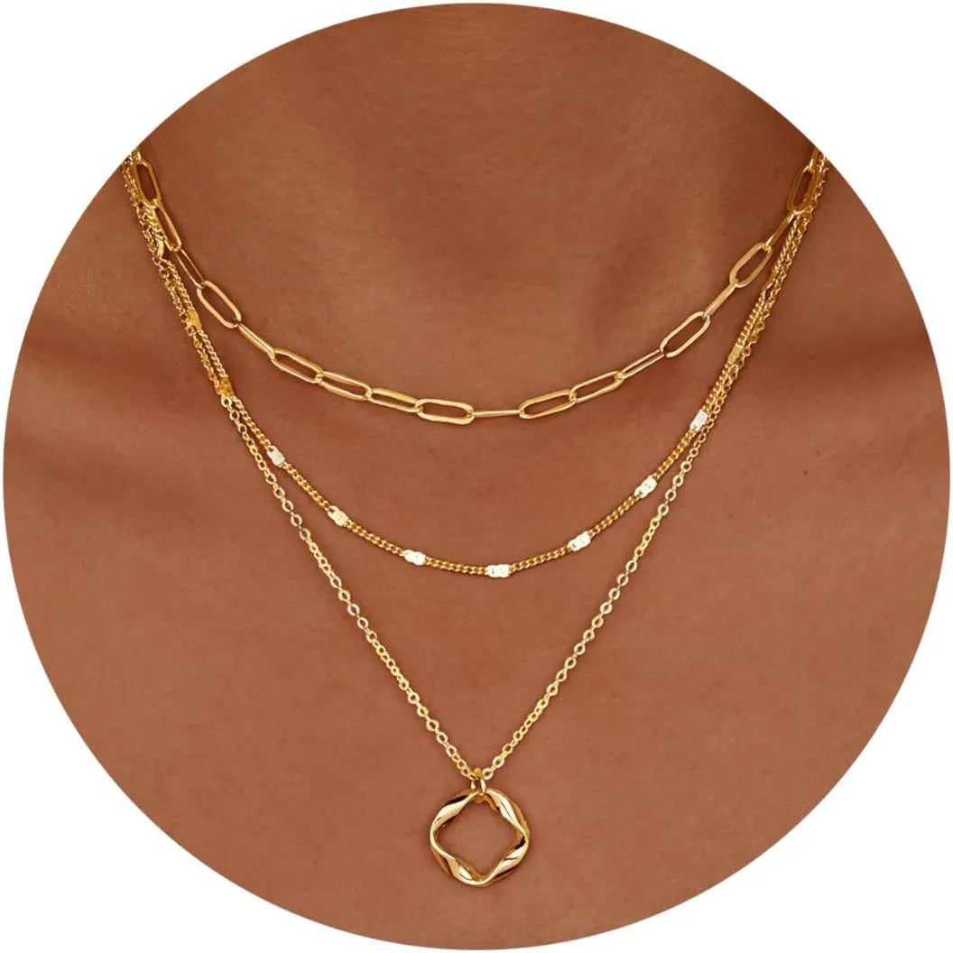 Colares de ouro em camadas para mulheres empilháveis14k ouro prata banhado círculo clipe de papel corrente pingente gargantilha colar conjunto para mulher