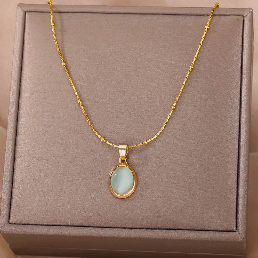 Colar Oval Opala para Mulheres, Banhado a Ouro, Correntes de Grânulo de Aço Inoxidável, Jóias Casamento, Tendência 2022