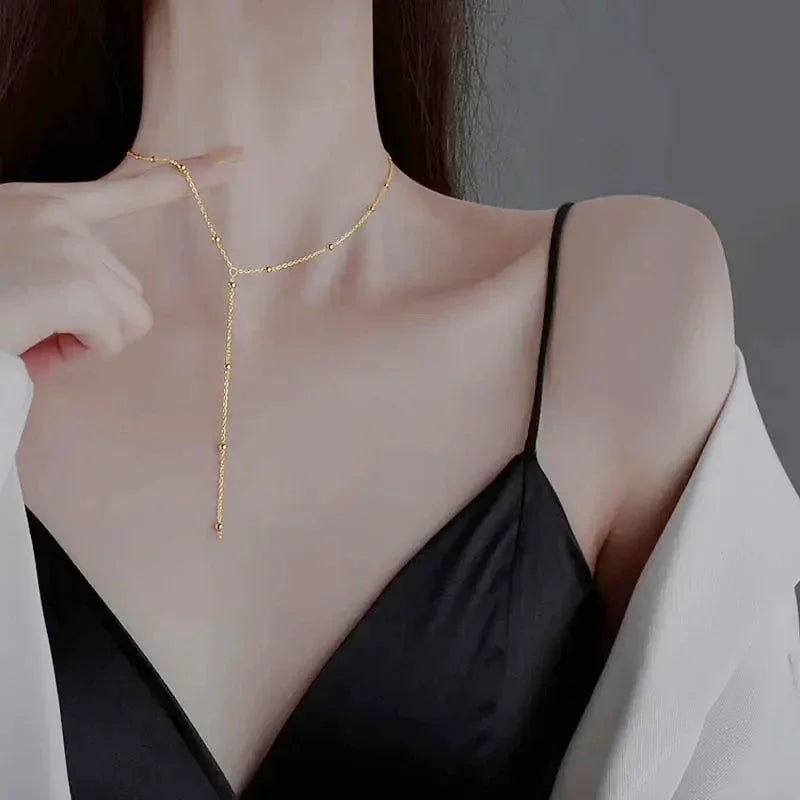 Lats cor dourada dupla camada longa borla corrente colares para mulheres simples metal geométrico grânulo gargantilha colar moda jóias