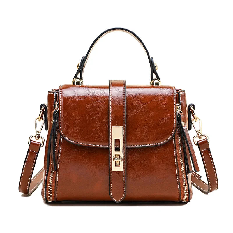 Bolsa de Couro Genuíno Linda Top com Zíper Duplo