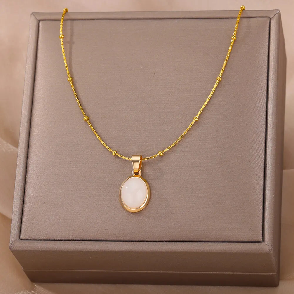 Colar Oval Opala para Mulheres, Banhado a Ouro, Correntes de Grânulo de Aço Inoxidável, Jóias Casamento, Tendência 2022