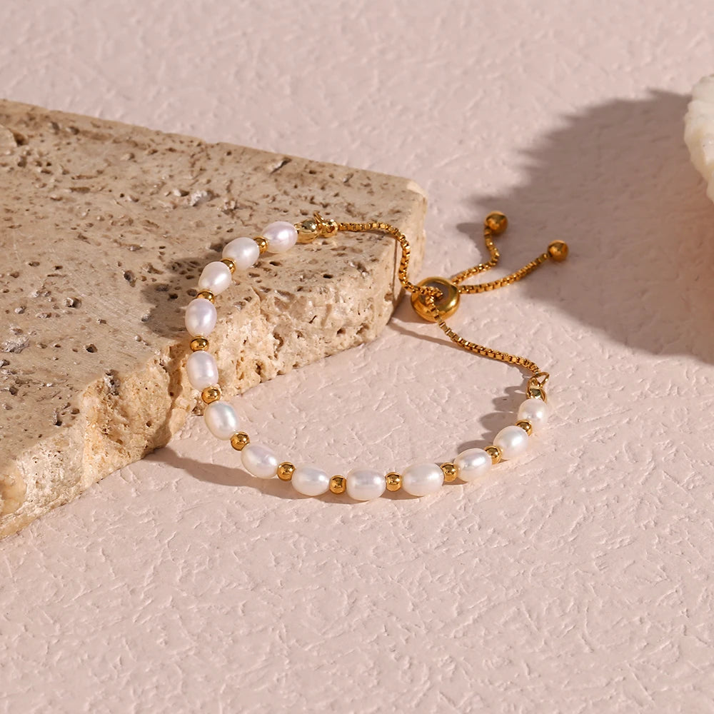 Ebbelle contas de cor dourada pérolas de água doce misturadas ajustáveis pulseira de corrente de aço inoxidável pulseiras para mulheres joias elegantes