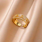 Anéis Geométricos de Dupla Camada para Mulheres, Anel de Casamento Ajustável, Joia Estética, Aço Inoxidável, Cor Dourada, Vintage