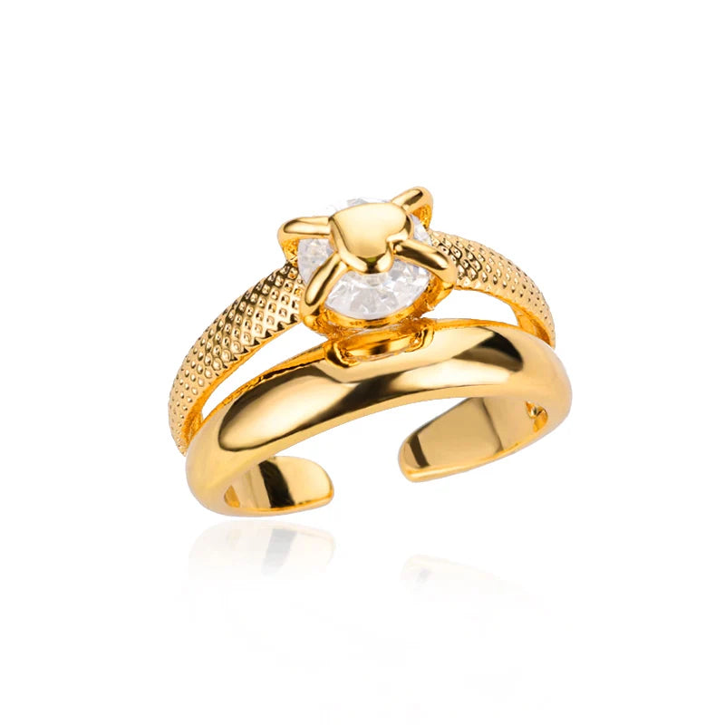 Anéis de coração banhados a ouro para mulheres, anel de aço inoxidável ajustável, luxo casamento casal jóias, tendência feminina, 2023