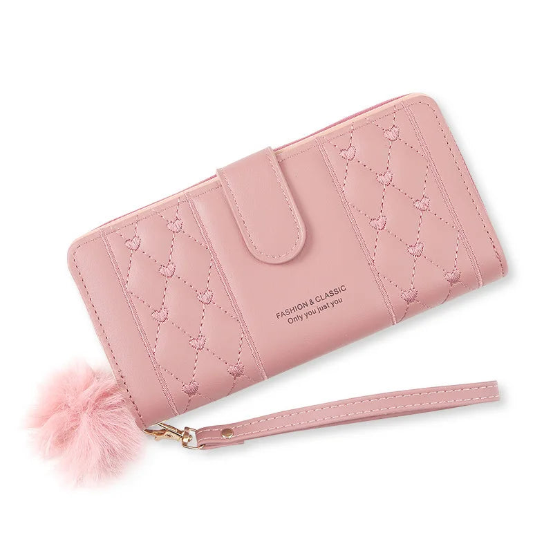 Carteira longa de couro PU para mulheres, porta-moedas, porta-cartão, grande capacidade, Hasp, zíper, organizador de cartões múltiplos, pulseira de telefone celular