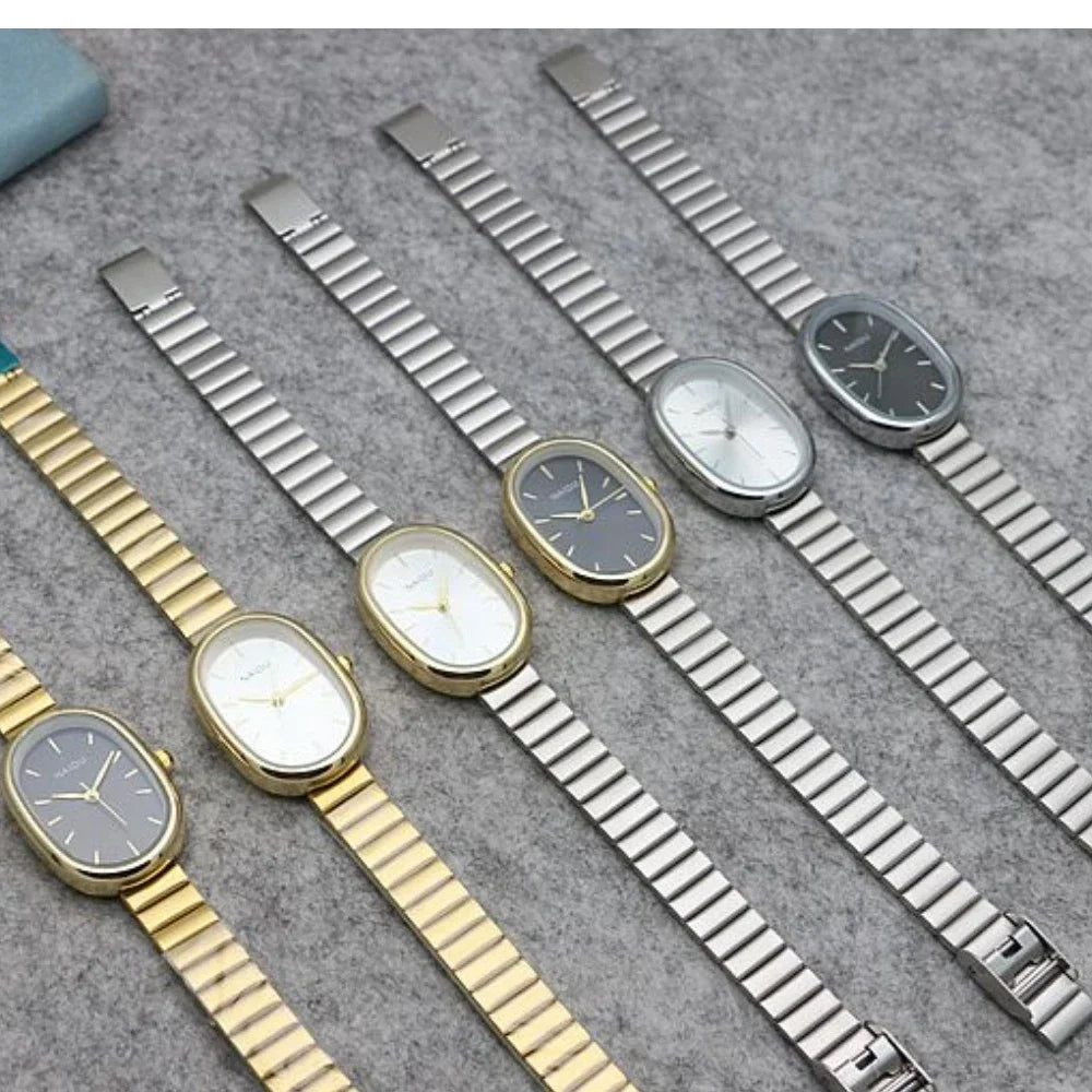 Relógio Feminino Oval de Luxo com Pulseira de Aço Inoxidável