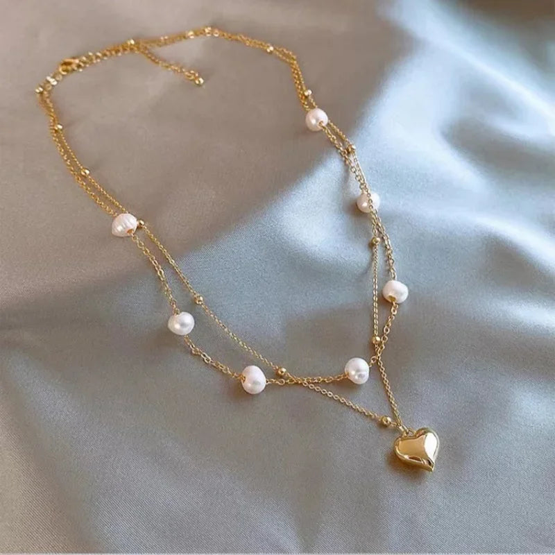 Colar de pérolas de dupla camada para mulheres, cor ouro k-pop, pingente de miçangas, gargantilha gótica, joias da moda, novo, 2024