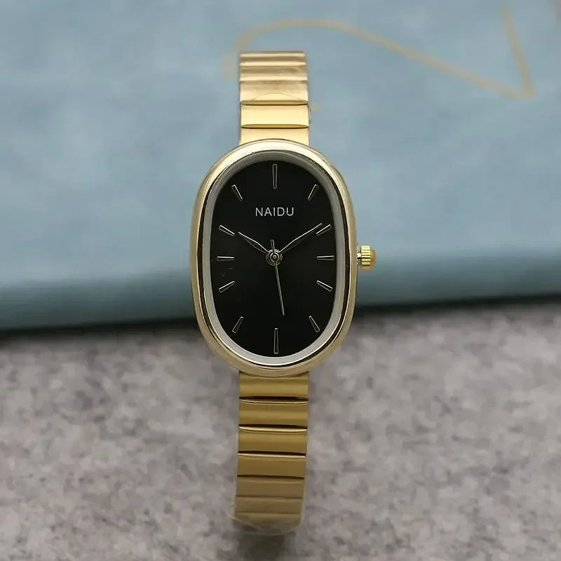 Relógio de quartzo oval pequeno, pulseira de bambu de aço inoxidável feminino, relógio de pulso feminino, moda lazer, presente de luxo, Dropshipping