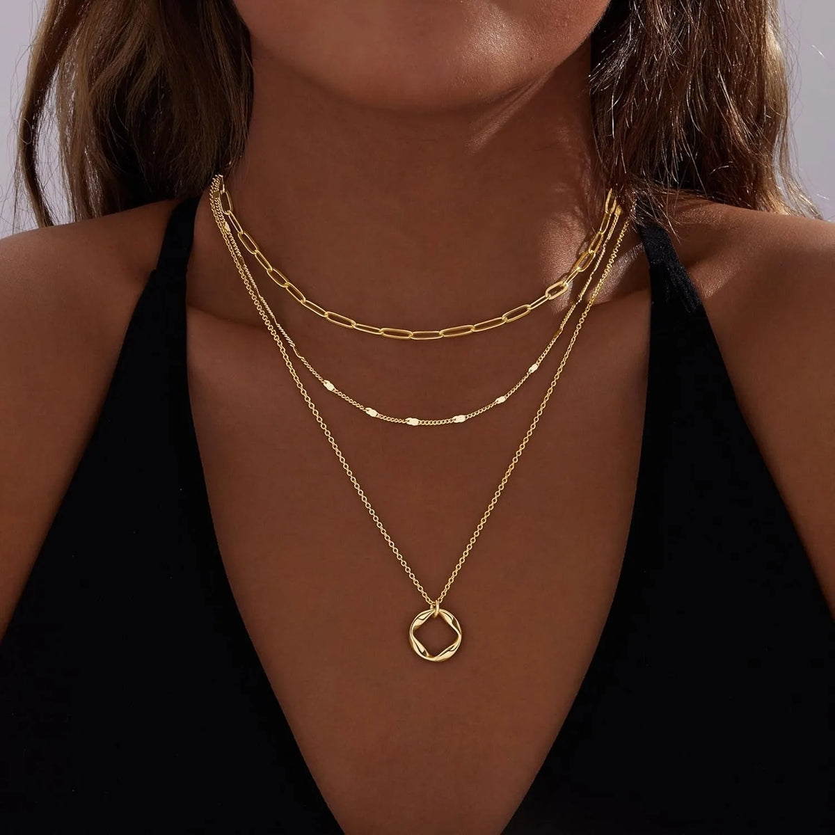 Colares de ouro em camadas para mulheres empilháveis14k ouro prata banhado círculo clipe de papel corrente pingente gargantilha colar conjunto para mulher