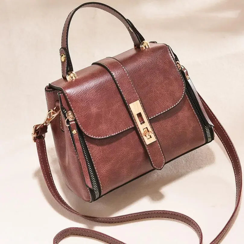 Bolsa de Couro Genuíno Linda Top com Zíper Duplo