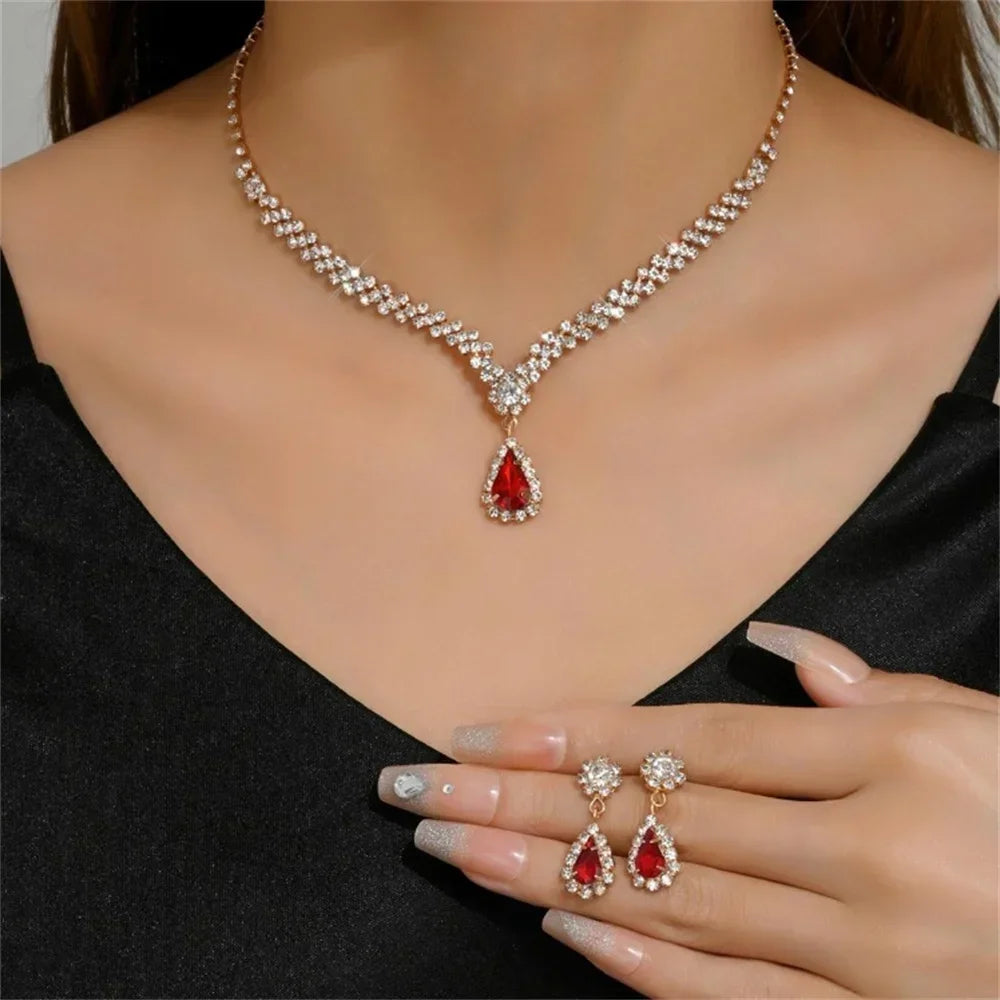 Cristal Colar e Brincos Conjunto para Mulheres, Pingente Gota de Água, Cadeia Clavícula, Luxuoso Festa Jóias, Acessórios do Casamento, Noiva