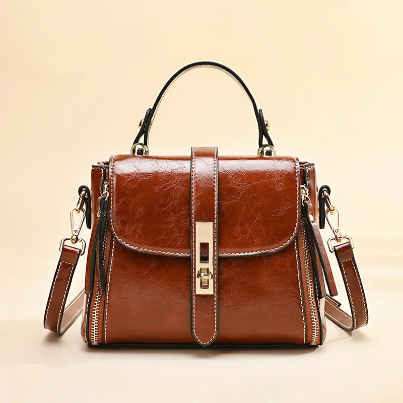 Bolsa de Couro Genuíno Linda Top com Zíper Duplo
