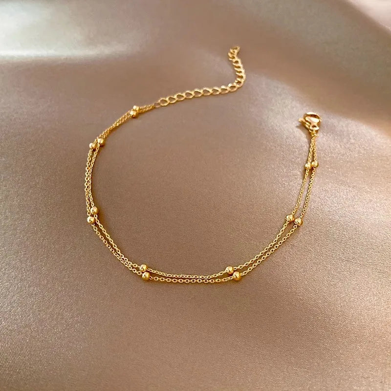 Moda 925 prata esterlina ouro pequeno redondo grânulo pulseira para feminino retro dupla camada pulseira aniversário jóias presente