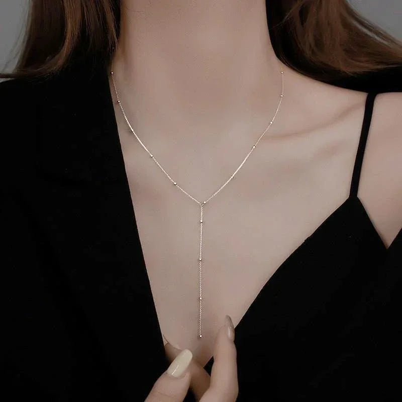 Lats cor dourada dupla camada longa borla corrente colares para mulheres simples metal geométrico grânulo gargantilha colar moda jóias