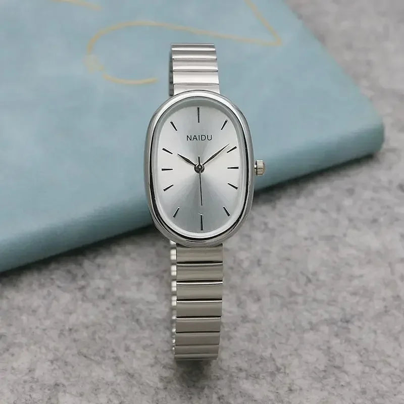 Relógio de quartzo oval pequeno, pulseira de bambu de aço inoxidável feminino, relógio de pulso feminino, moda lazer, presente de luxo, Dropshipping