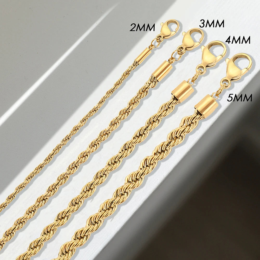 Manco corda torcida chian pulseira para mulher hip hop punk 4mm cor de ouro aço inoxidável colar moda jóias