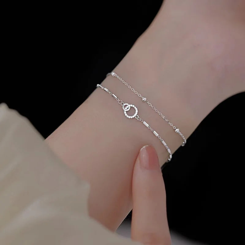 Pulseira de prata esterlina 925 com camada dupla, pulseira de zircônia brilhante para presente de joias da moda feminina