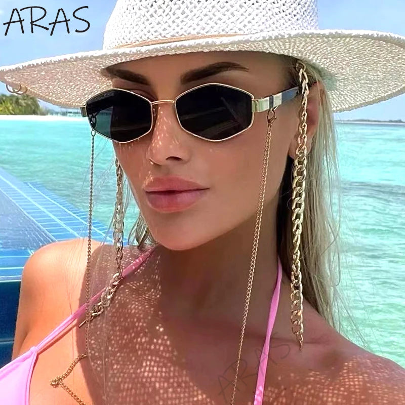 Óculos poligonais femininos, óculos de armação pequena, hexágono retrô da moda com corrente óculos exclusivos, designer da marca, 2023