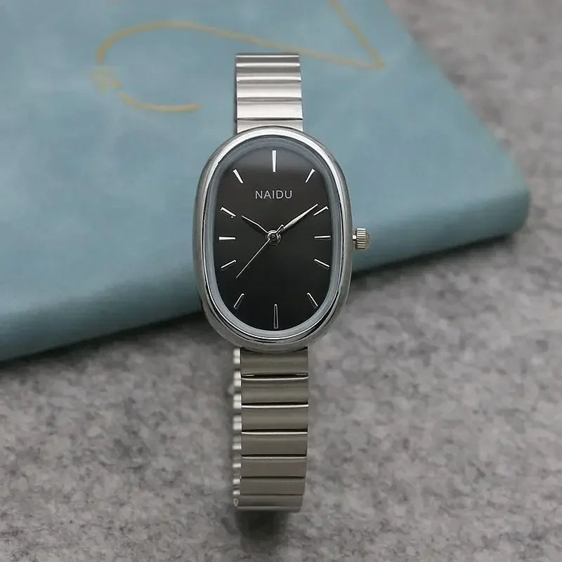 Relógio Feminino Oval de Luxo com Pulseira de Aço Inoxidável