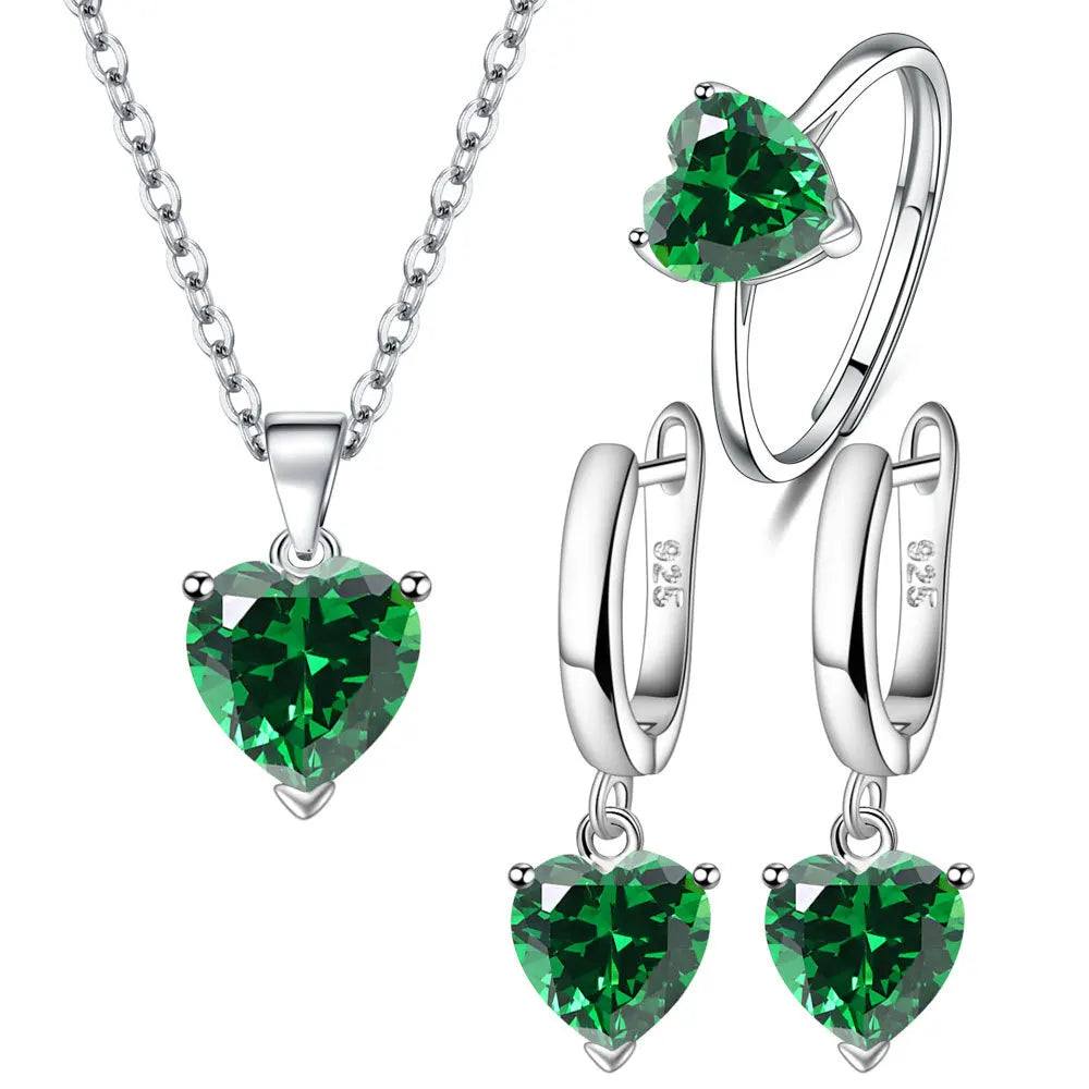 925 Sterling Silver Jewelry Sets para Mulheres, Coração Zircon Anel, Brincos, Colar, Casamento Nupcial, Elegante, Natal, Frete Grátis