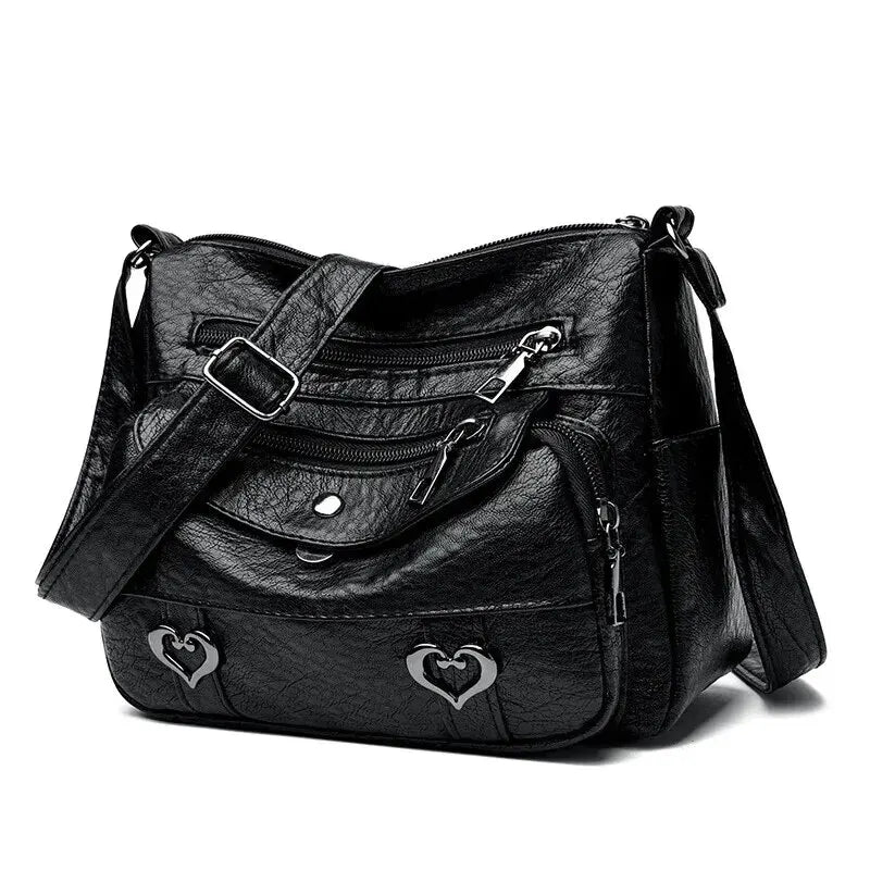 Bolsa crossbody de couro macio para mulheres, grande capacidade, bolsa para mãe na moda, partida diária, material PU, abertura do zíper, elemento cardíaco, médio