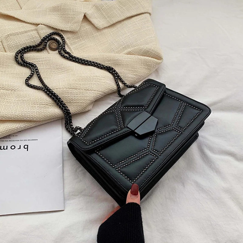Yogodlns-Vintage Rivet Cadeia Pequenas Bolsas de Ombro para Mulheres, Flap PU Leather, Fashion Square Crossbody Bag, Designer Handbag
