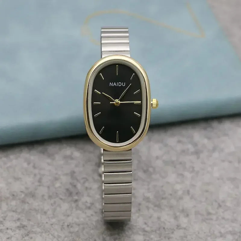 Relógio de quartzo oval pequeno, pulseira de bambu de aço inoxidável feminino, relógio de pulso feminino, moda lazer, presente de luxo, Dropshipping