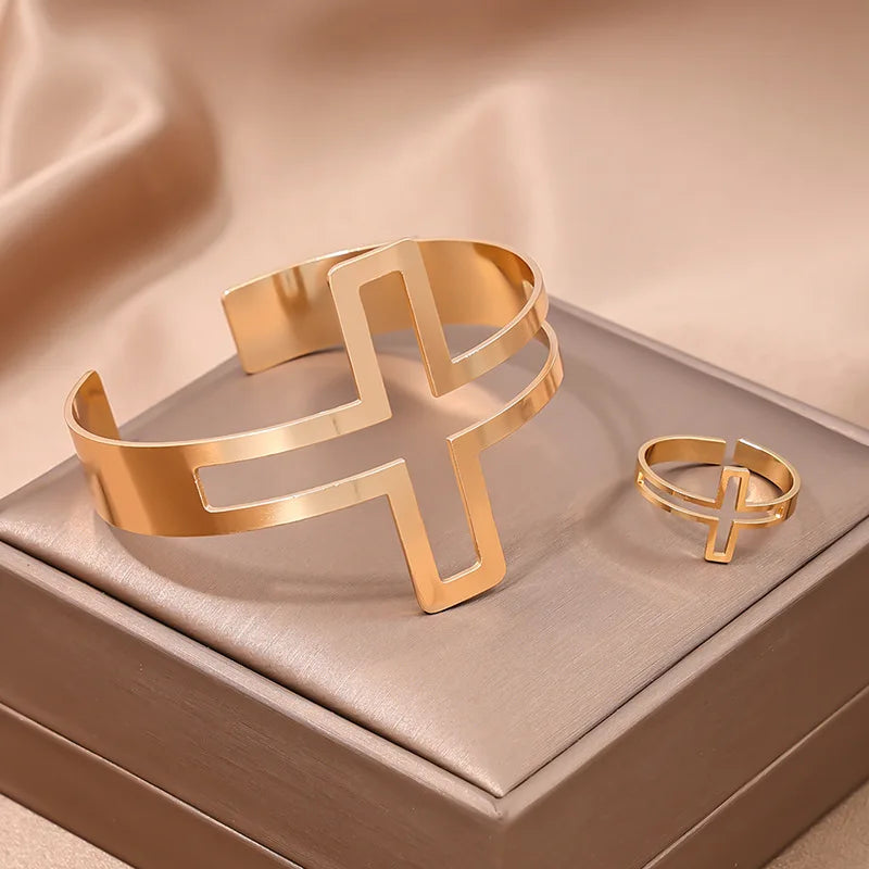 Conjunto Elegante de Anel e Pulseira Geométrica Linda Top