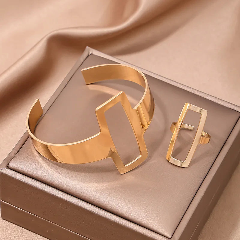Conjunto Elegante de Anel e Pulseira Geométrica Linda Top