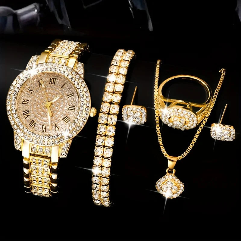 Conjunto Luxuoso de Relógio e Joias com Strass