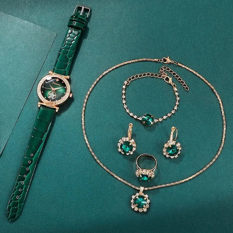 Conjunto Luxo Verde Quartzo Relógio e Acessórios Femininos