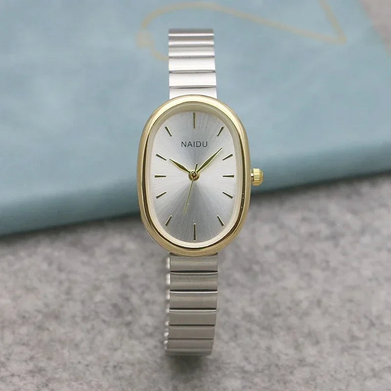 Relógio Feminino Oval de Luxo com Pulseira de Aço Inoxidável