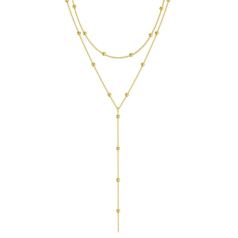 Lats cor dourada dupla camada longa borla corrente colares para mulheres simples metal geométrico grânulo gargantilha colar moda jóias