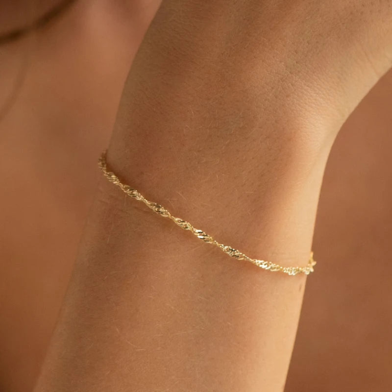 18k cor de ouro singapura corrente pulseira feminina jóias de aço inoxidável fina torcida espinha de peixe corda figaro correntes pulseiras