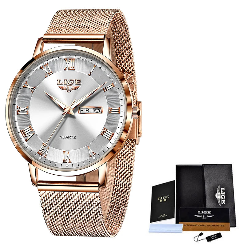 LIGE-Relógio Pulseira de Aço Criativo Feminino, Senhoras Relógios de Luxo, Relógio Impermeável Feminino, Novo, 2022