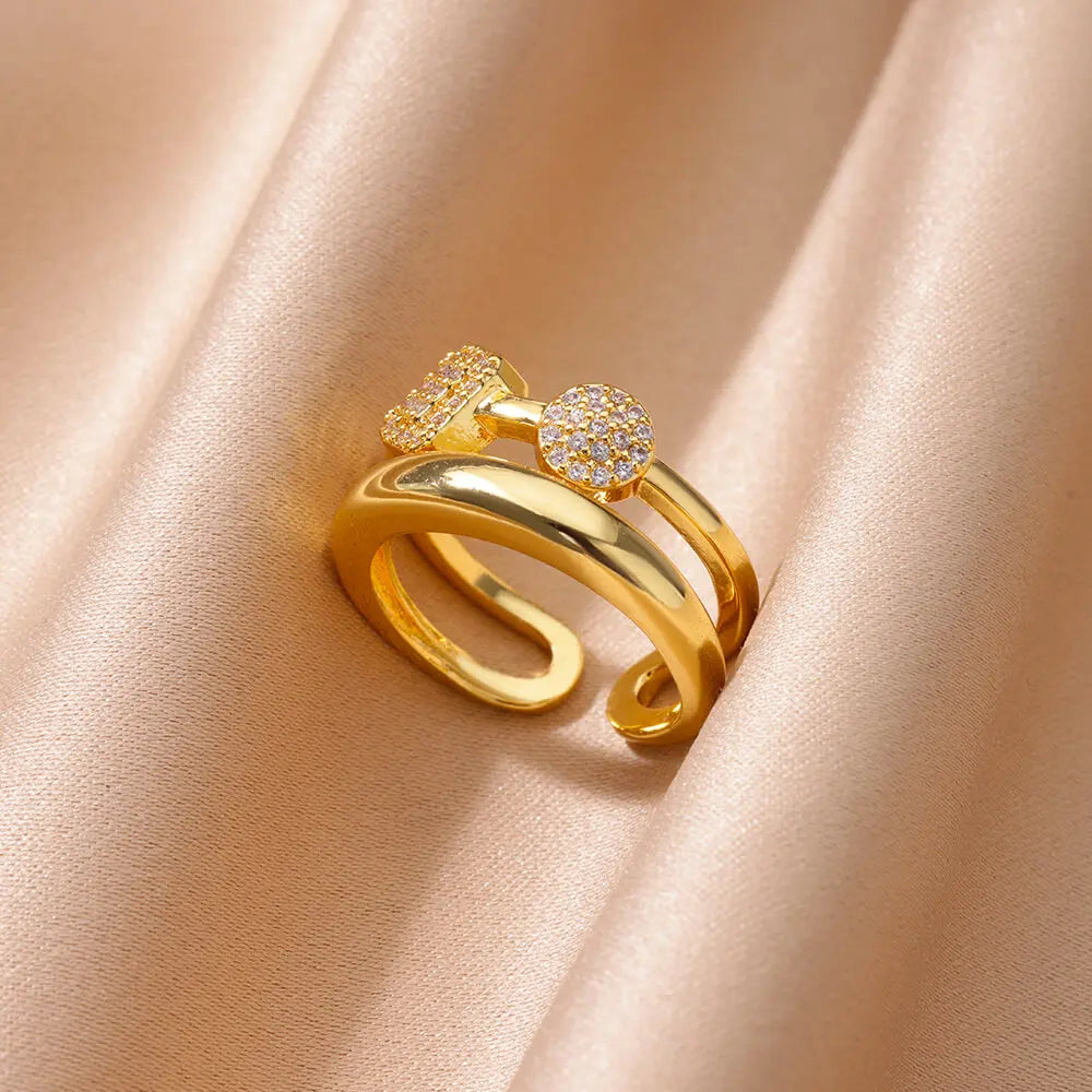 Anéis Geométricos de Dupla Camada para Mulheres, Anel de Casamento Ajustável, Joia Estética, Aço Inoxidável, Cor Dourada, Vintage