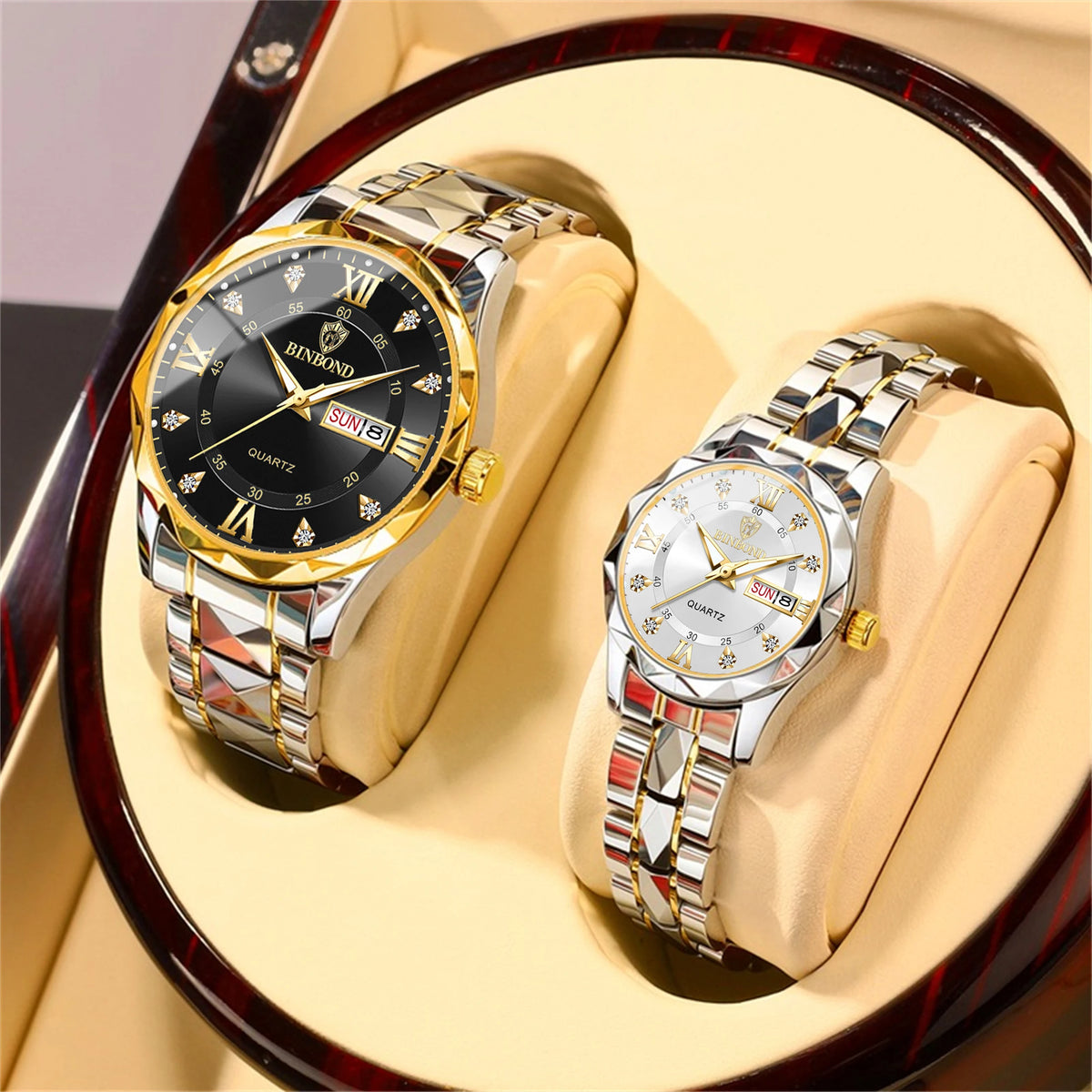 Relógios de casal para homens e mulheres, moda impermeável, presente do dia dos namorados, aço inoxidável, cristal, relógio de quartzo, 30m, 2 peças, 2521